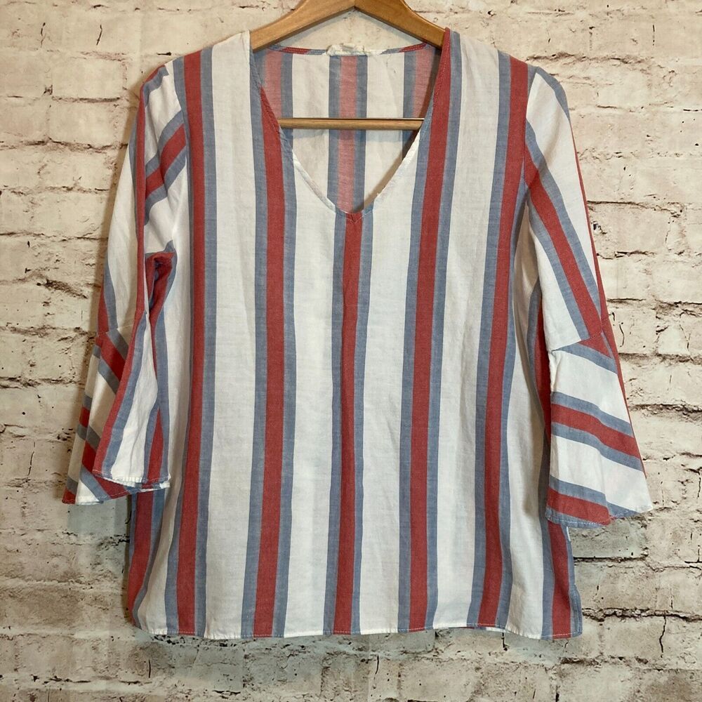 Jane and Delancey Top‎ Womens Large Red White Blue Striped Bell Sleeve Cotton